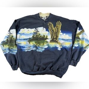 Vintage Art Unlimited Eagle Sweatshirt Henley Men's XL Blue Wildlife AOP Nature